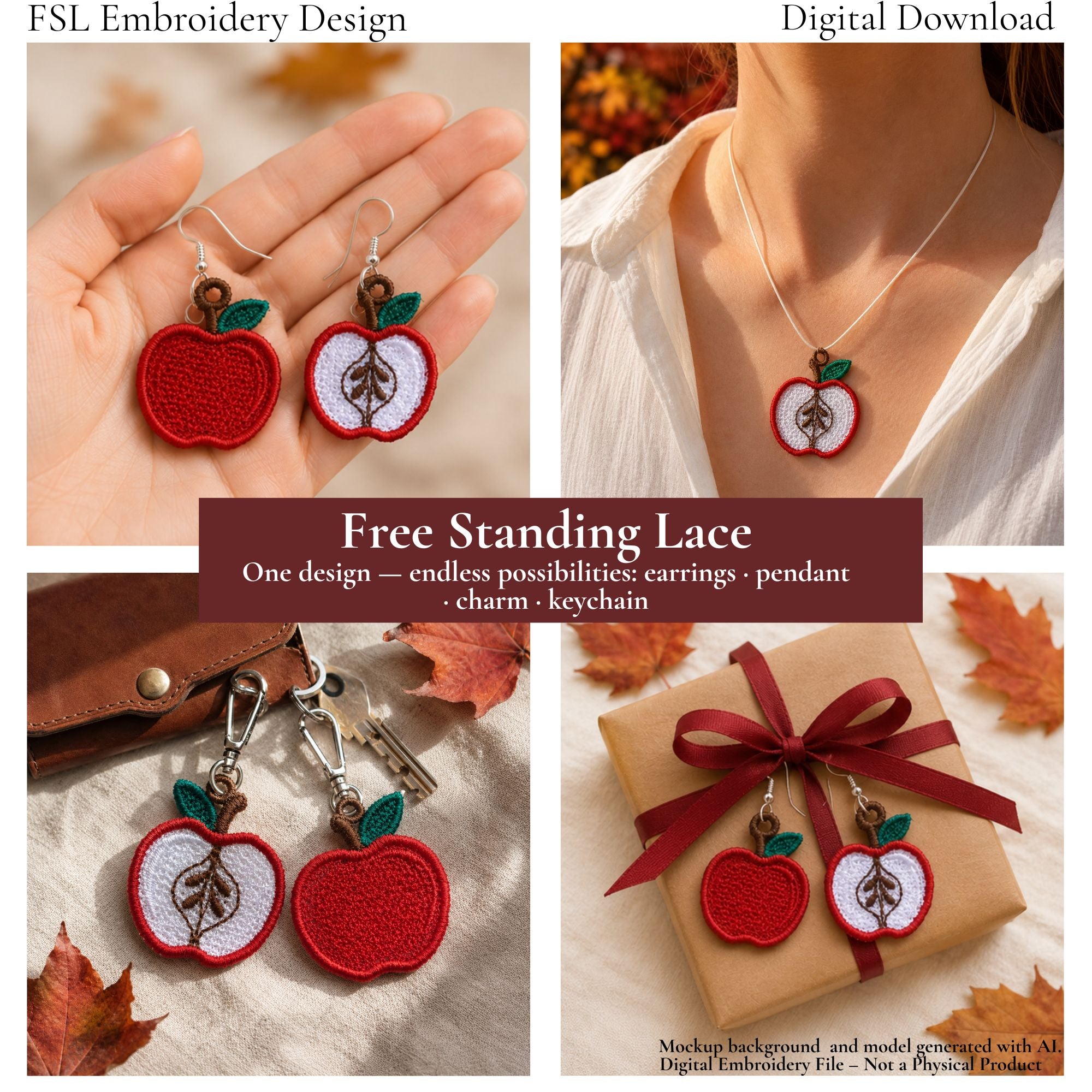 Apple FSL designs shown as earrings, a necklace pendant and keychain charms with silver hardware