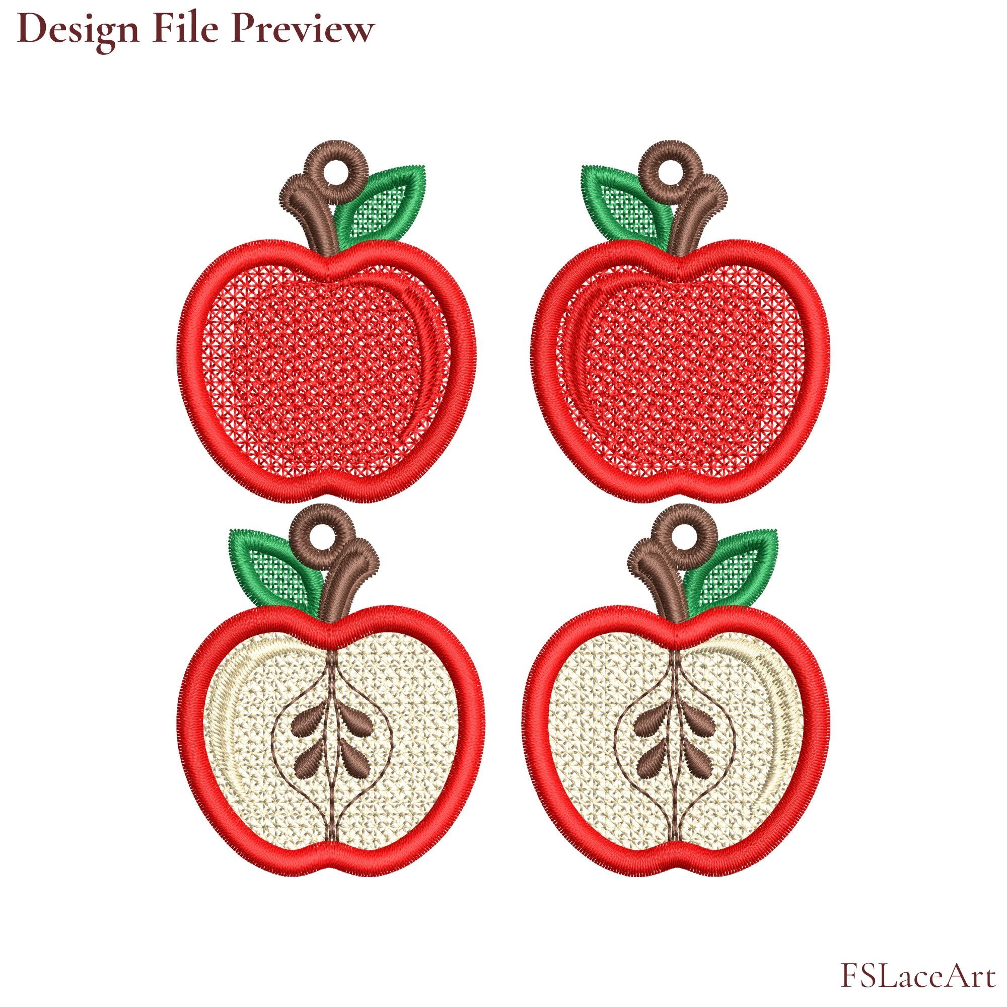 Machine embroidery file preview of mirrored whole and sliced Apple FSL designs on a dark background
