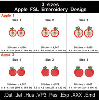Apple FSL embroidery size chart with dimensions and stitch counts for three sizes of whole and sliced apples
