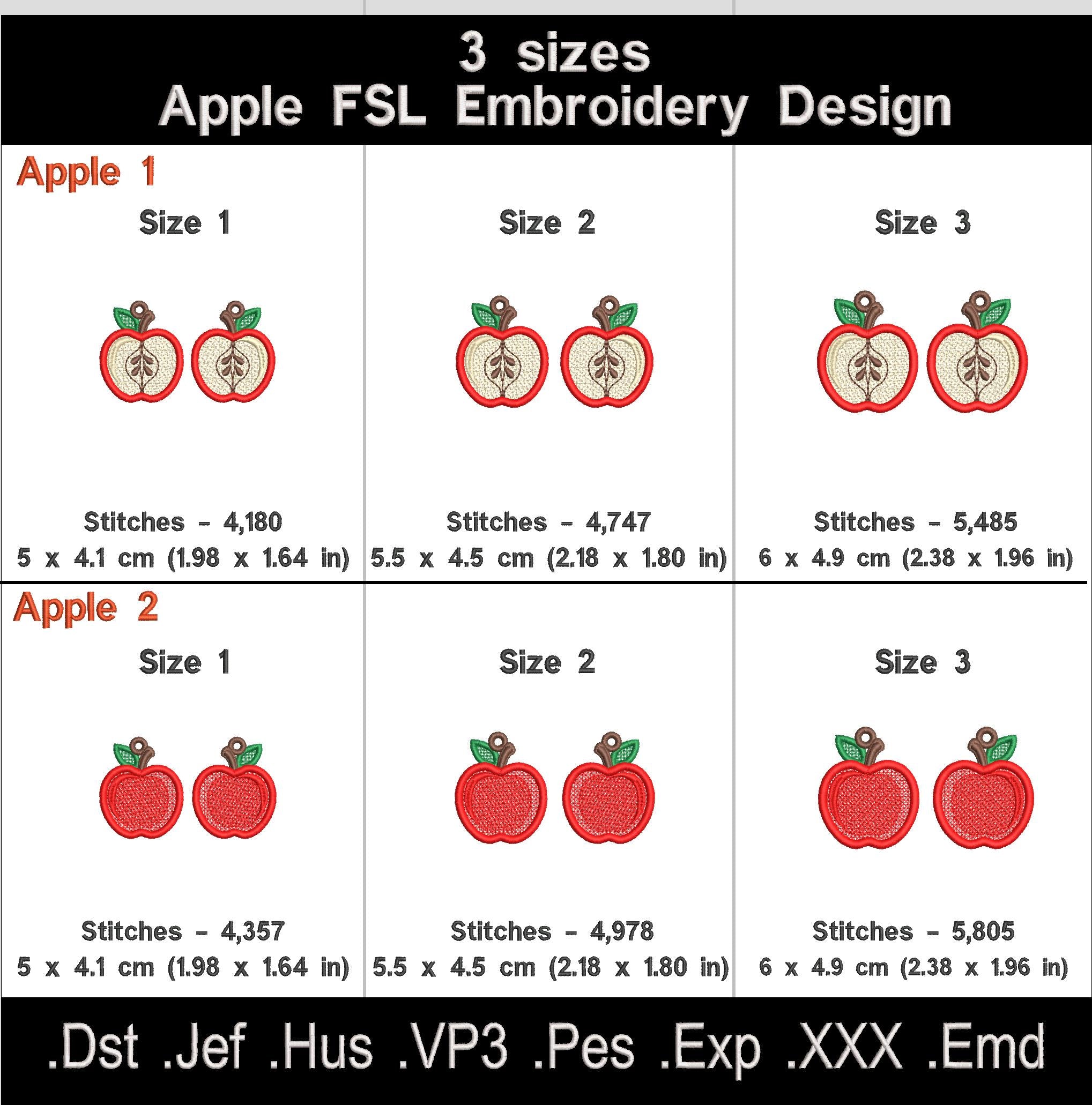 Apple FSL embroidery size chart with dimensions and stitch counts for three sizes of whole and sliced apples