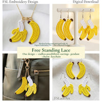 Banana FSL design used as earrings, necklace and keychain