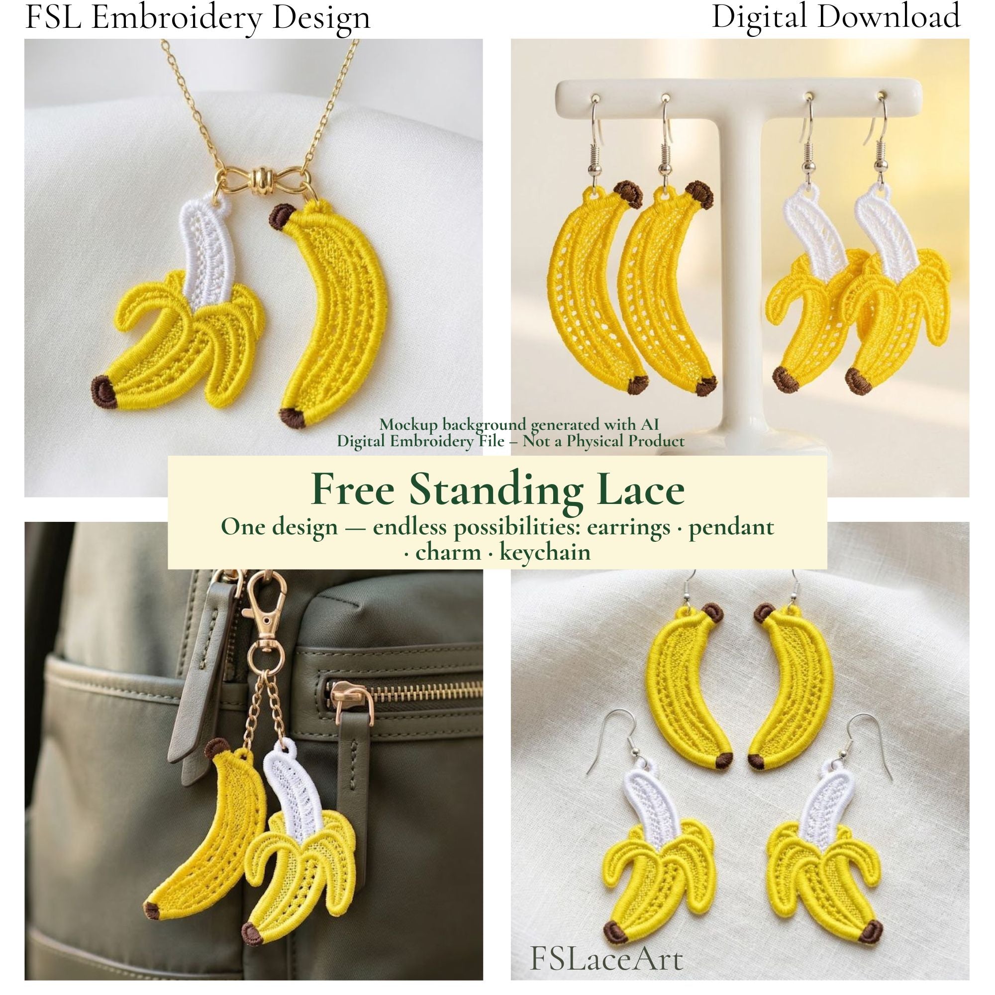 Banana FSL design used as earrings, necklace and keychain