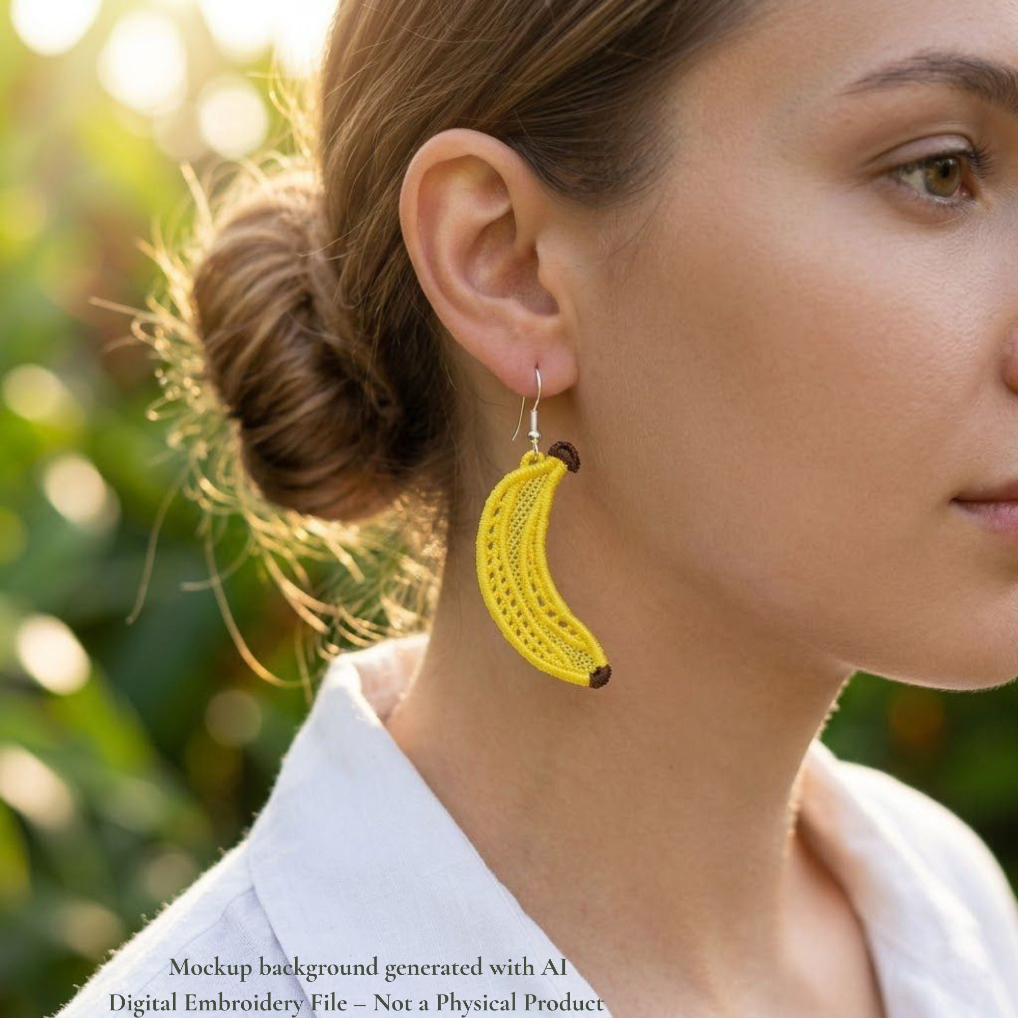 Banana FSL earring worn on model's ear