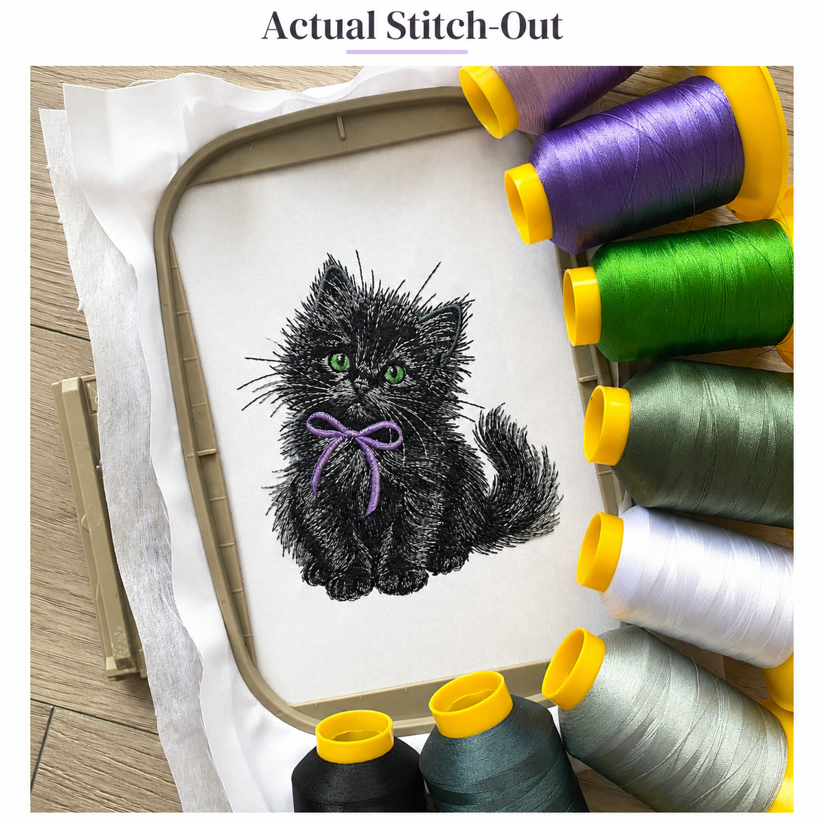Two photos of an actual black kitten stitch-out on white fabric, showing detailed fur, green eyes and a purple bow.