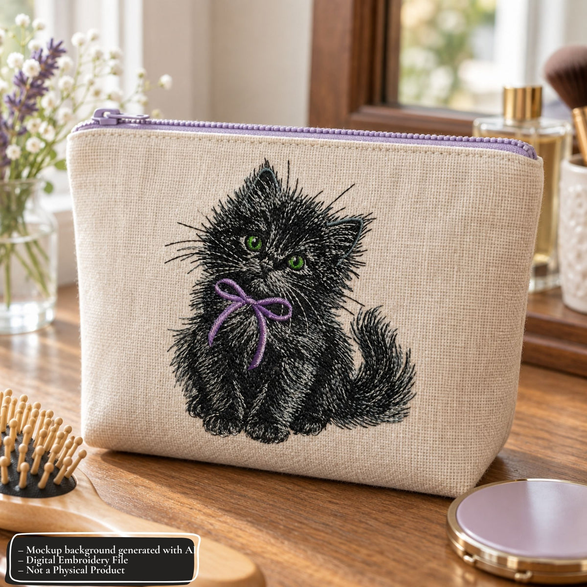 Cream cosmetic bag mockup with black kitten embroidery, a purple bow and a lavender zipper on a wooden vanity.