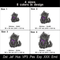Black kitten embroidery size chart showing four sizes, eight thread colors, stitch counts and available machine file formats.