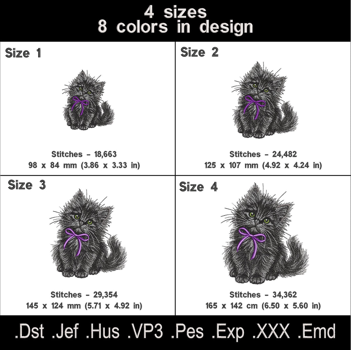 Black kitten embroidery size chart showing four sizes, eight thread colors, stitch counts and available machine file formats.