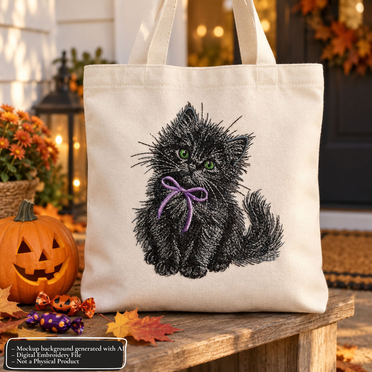 Cream tote bag mockup with black kitten embroidery and a purple bow, styled with a Halloween pumpkin and candy.