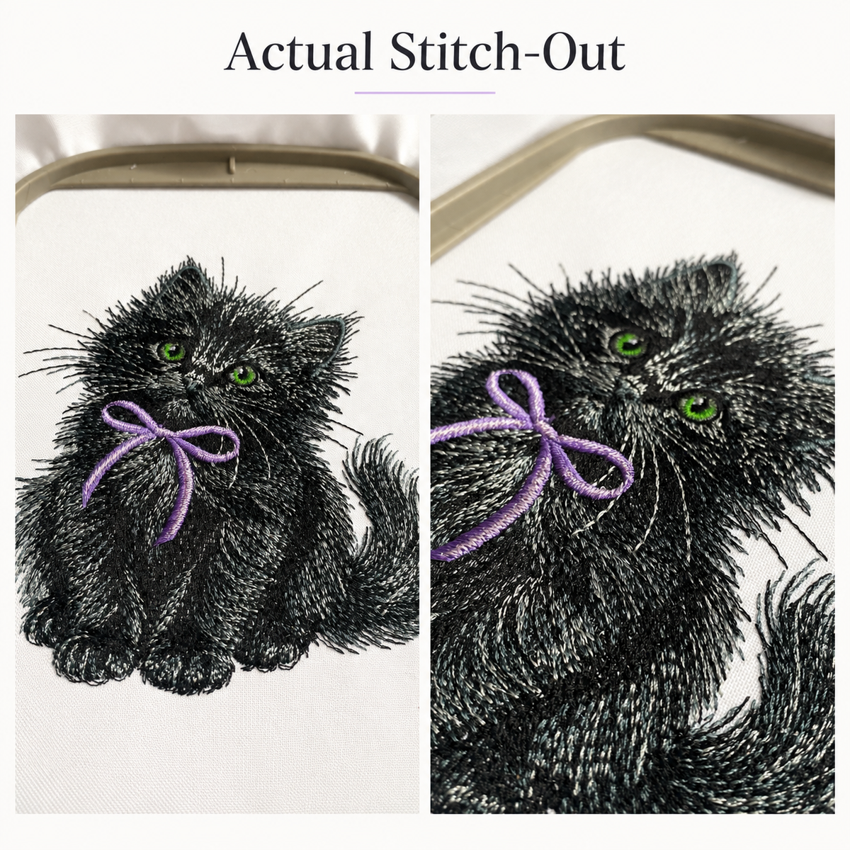 Actual black kitten embroidery on white fabric in a hoop, surrounded by thread spools in purple, green, gray and black.