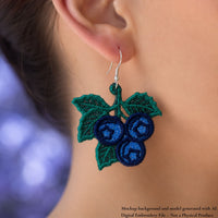 Blueberry FSL earring with three blue berries and detailed green leaves displayed on a silver hook