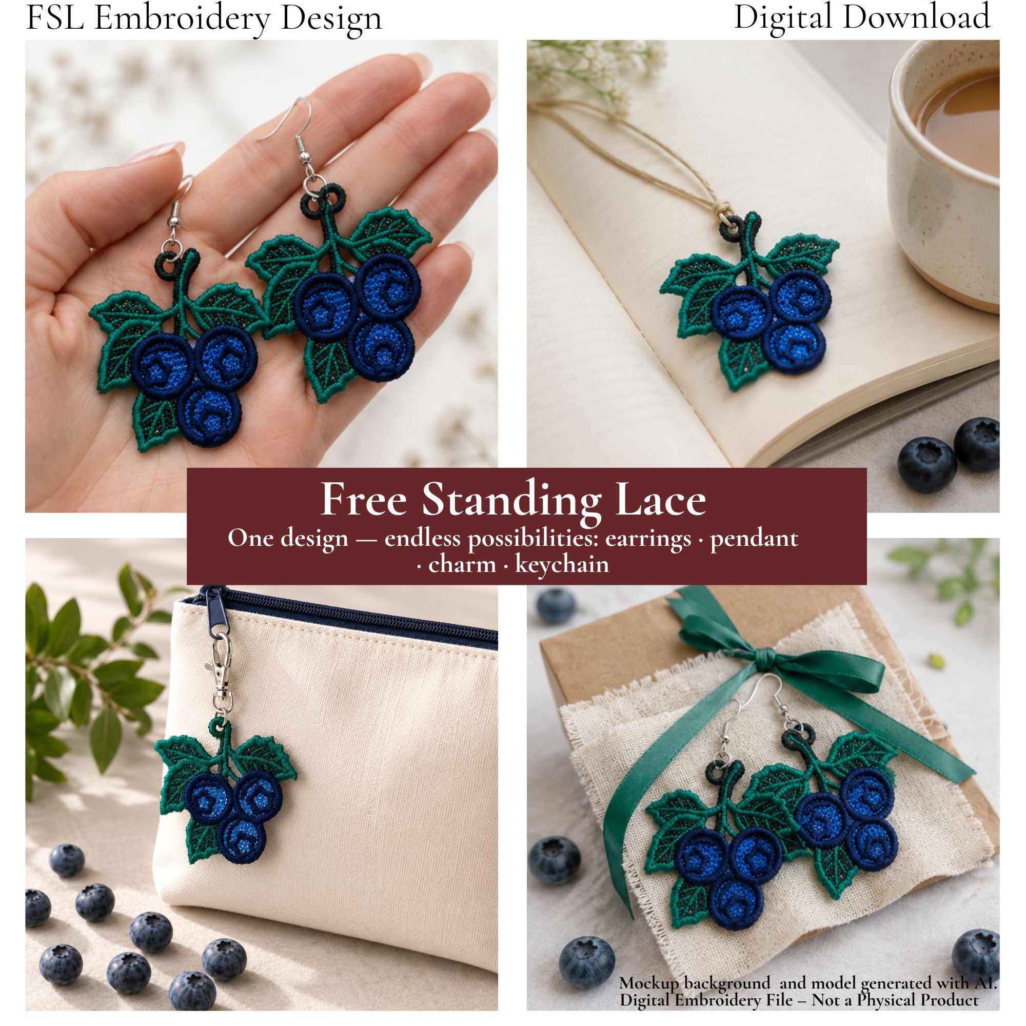 Blueberry FSL design shown as earrings, a pendant, zipper charm and coordinated jewelry pair