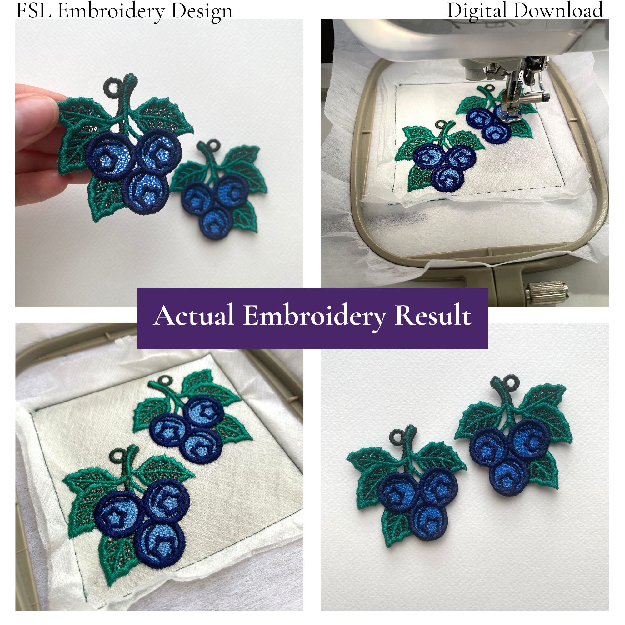 Collage showing the Blueberry FSL stitching process and finished mirrored lace embroidery pieces