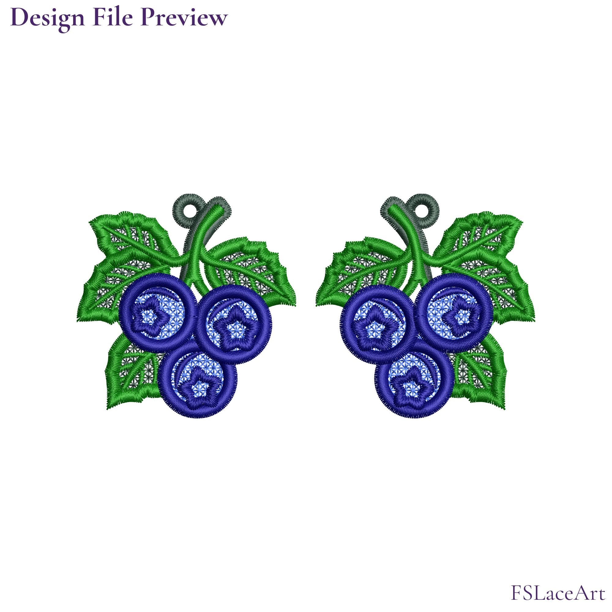 Machine embroidery file preview showing two mirrored Blueberry FSL designs with three berries and green leaves