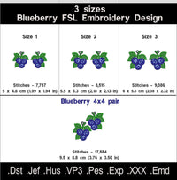 Blueberry FSL embroidery size chart with dimensions and stitch counts for three sizes and a 4 by 4 hoop pair