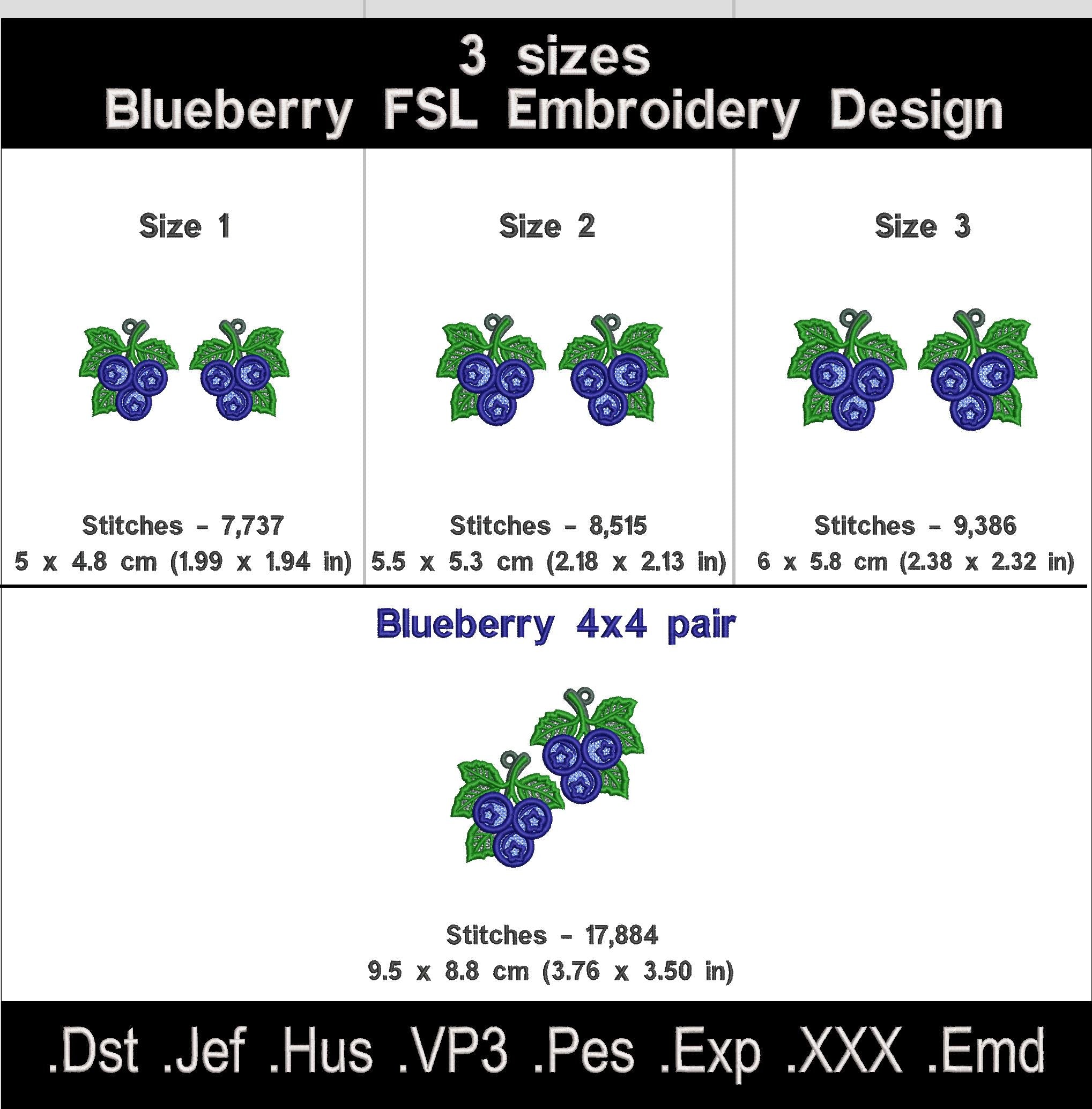 Blueberry FSL embroidery size chart with dimensions and stitch counts for three sizes and a 4 by 4 hoop pair