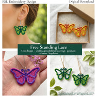 Butterfly FSL mockup collage showing a worn earring, boxed earrings, a pendant and hanging ornaments