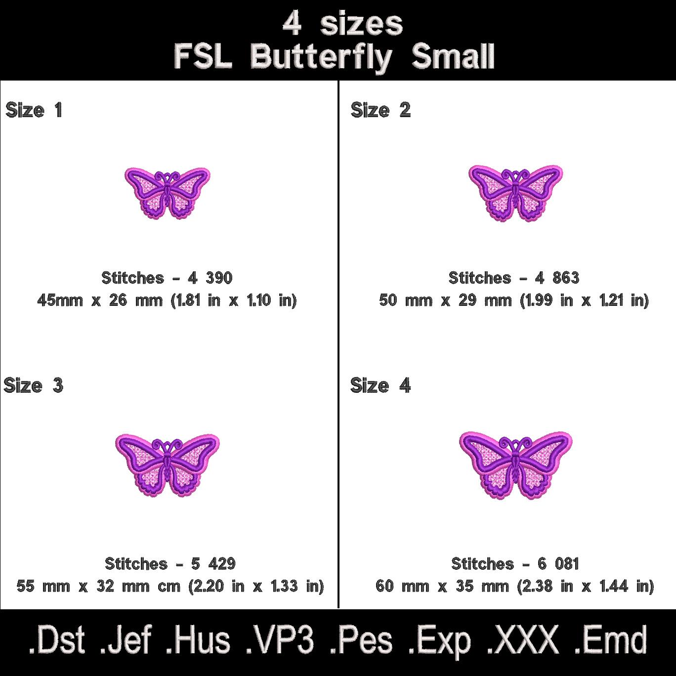Butterfly FSL size chart showing four sizes, dimensions, stitch counts and available machine embroidery formats