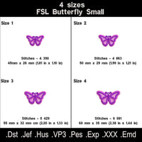 Butterfly FSL size chart showing four sizes, dimensions, stitch counts and available machine embroidery formats