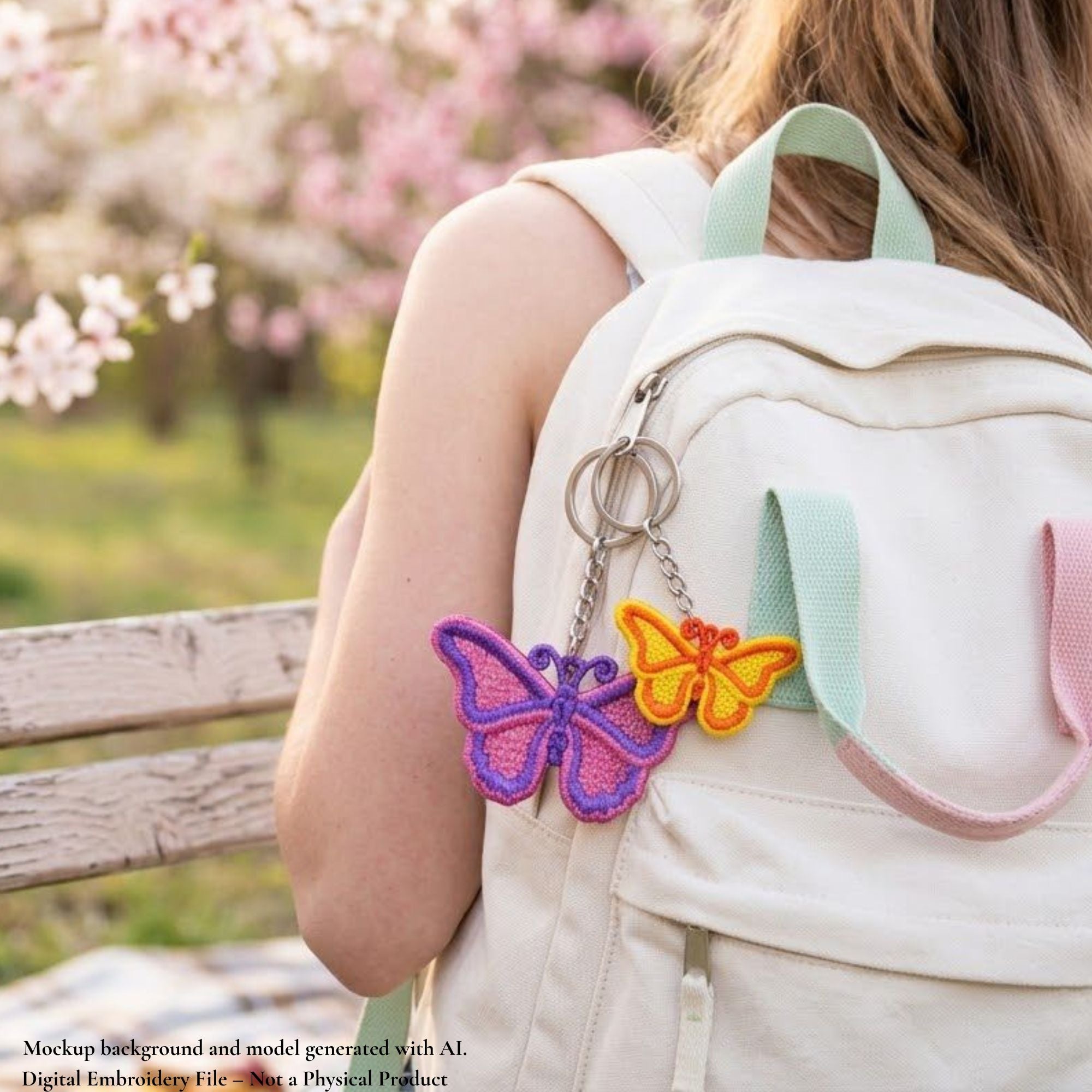 Pink and purple and yellow and orange butterfly FSL keychain charms attached to a white backpack
