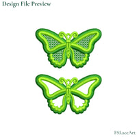 Machine embroidery preview showing green butterfly designs with lace-filled wings and outline-only wings