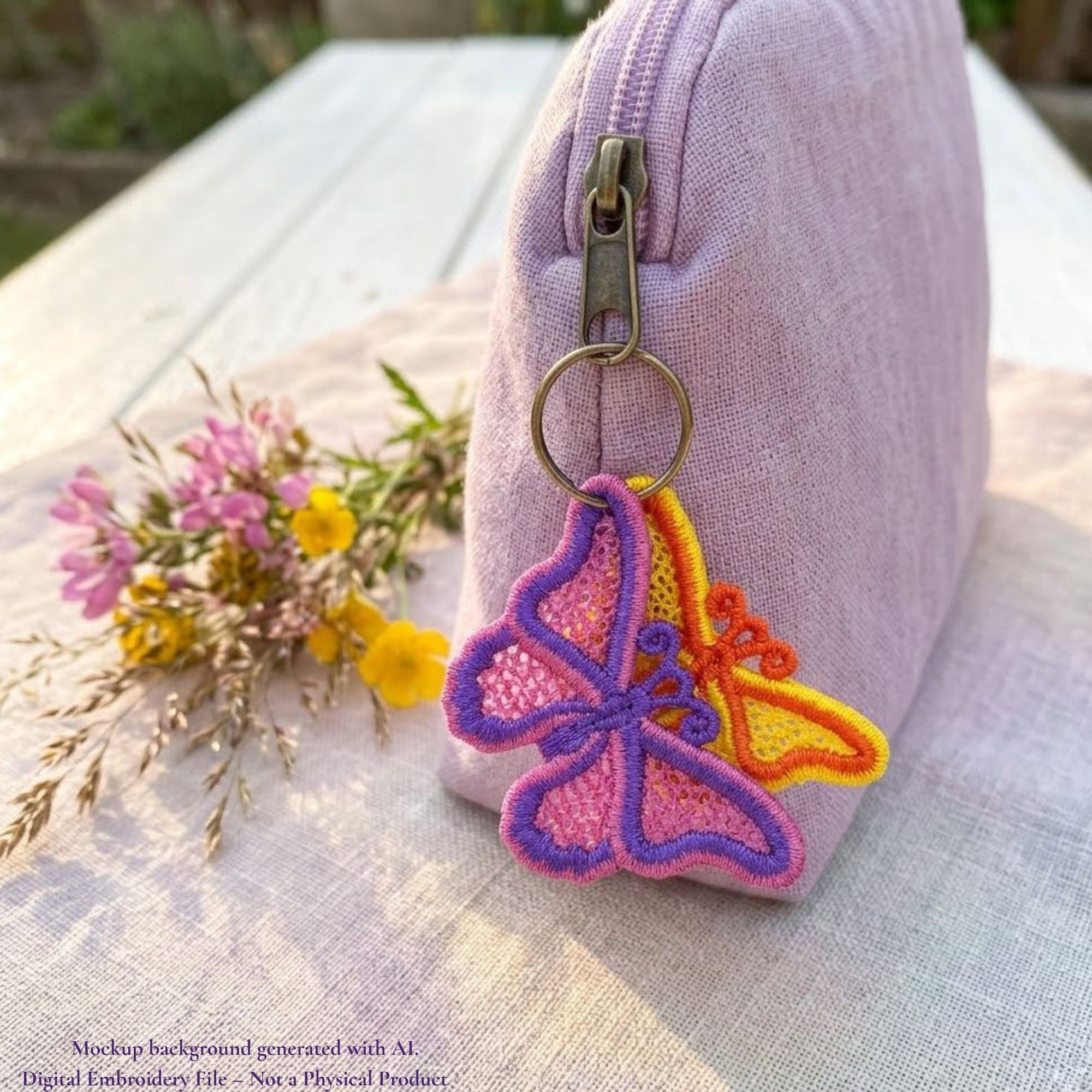 Pink and purple lace butterfly pendant on a fine chain, worn over a pale pink top