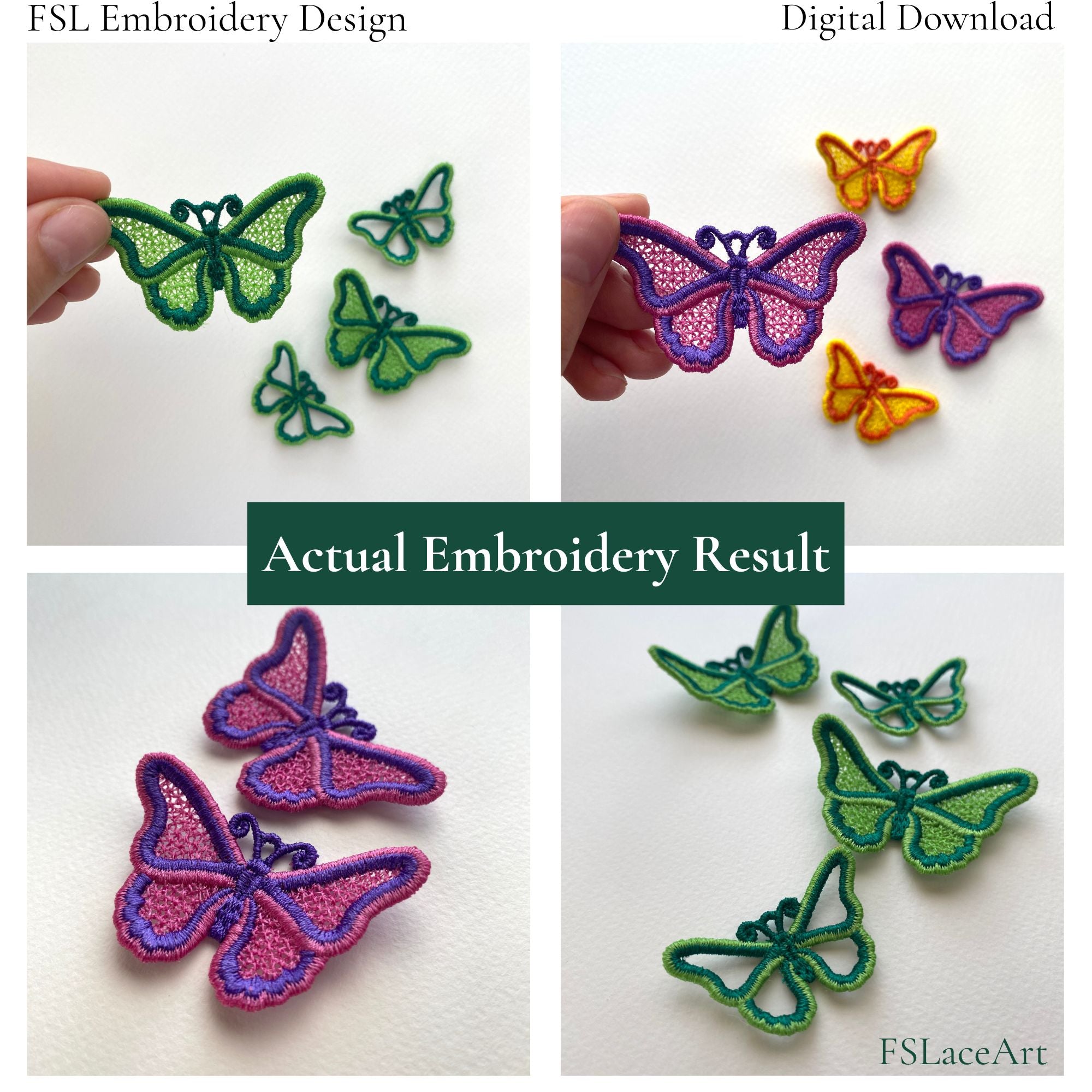 Collage of actual butterfly FSL stitch-outs in green, pink and purple, and yellow and orange thread combinations
