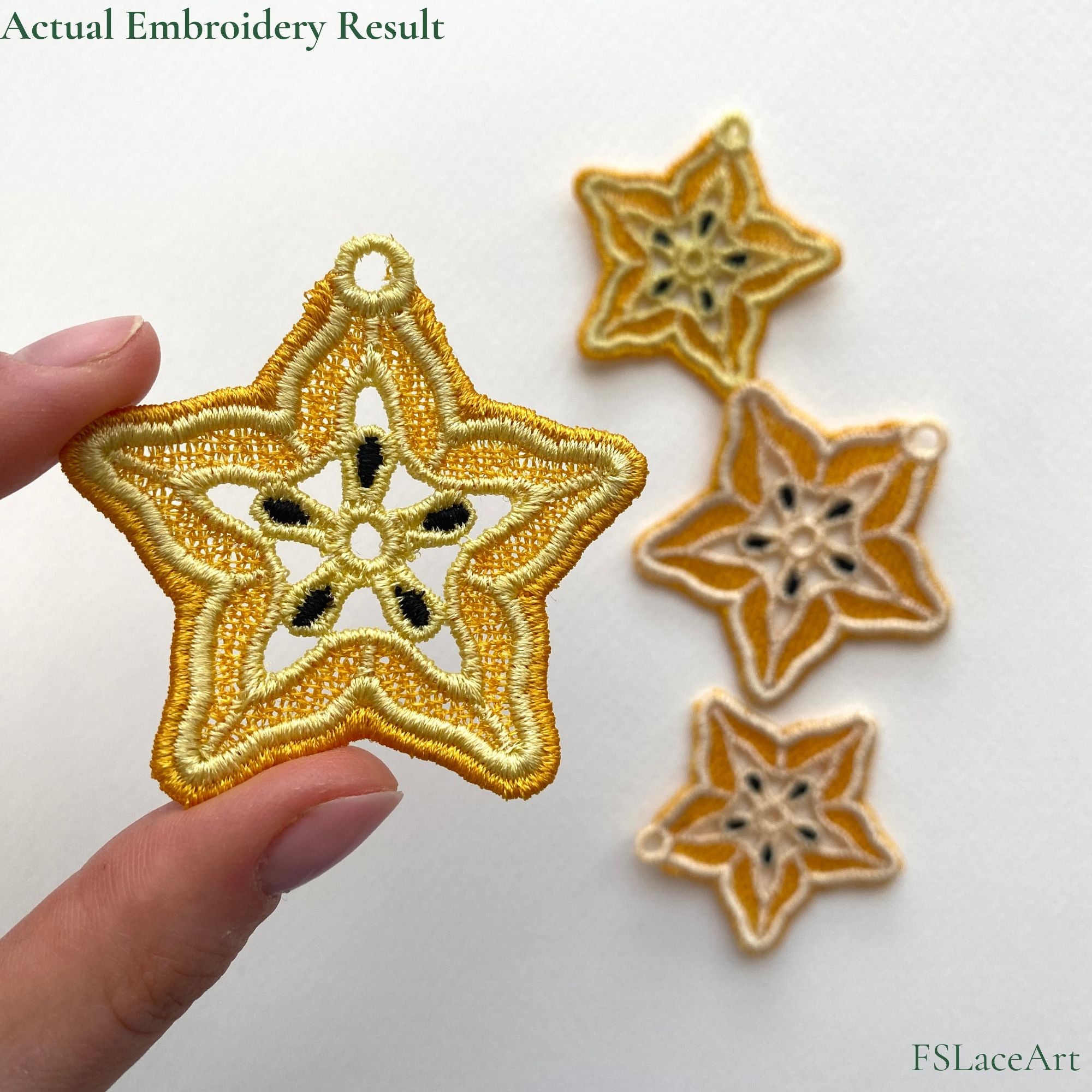 Actual stitched result of Carambola star fruit FSL embroidery design
