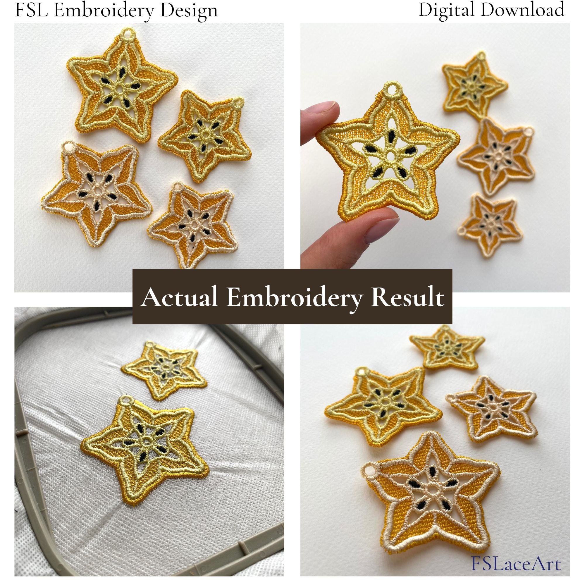 Collection of stitched Carambola FSL lace star pieces