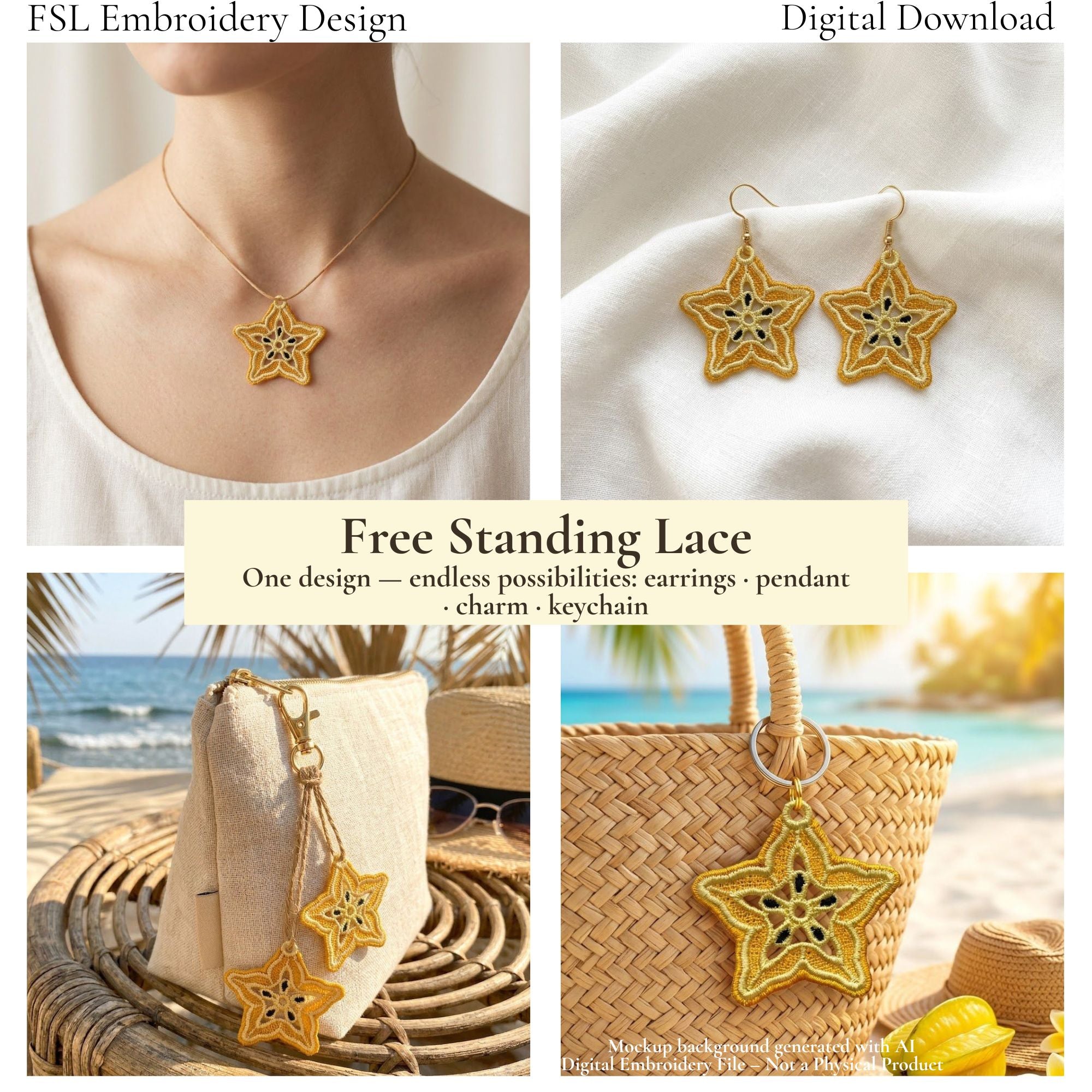 Carambola star fruit FSL design used as earrings, necklace and keychain