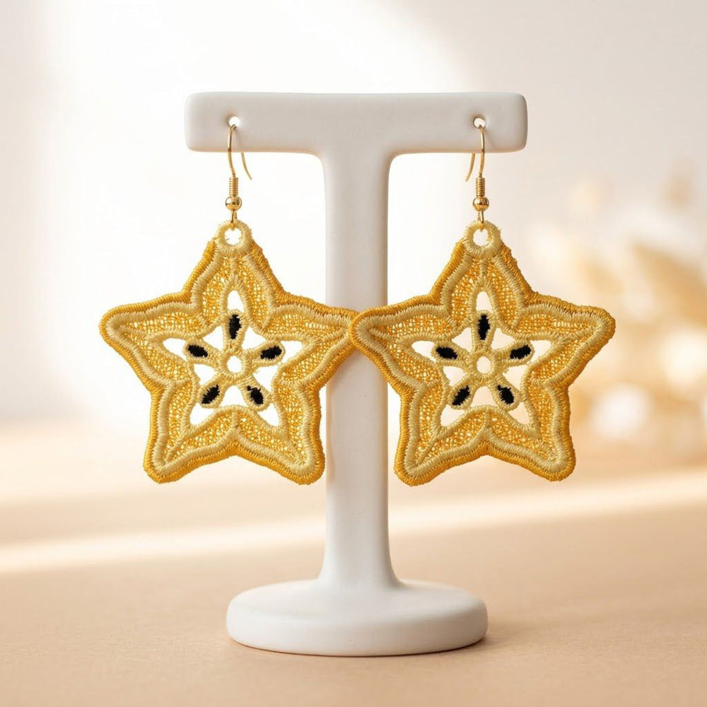 Carambola star fruit FSL earrings — Free Standing Lace machine embroidery design