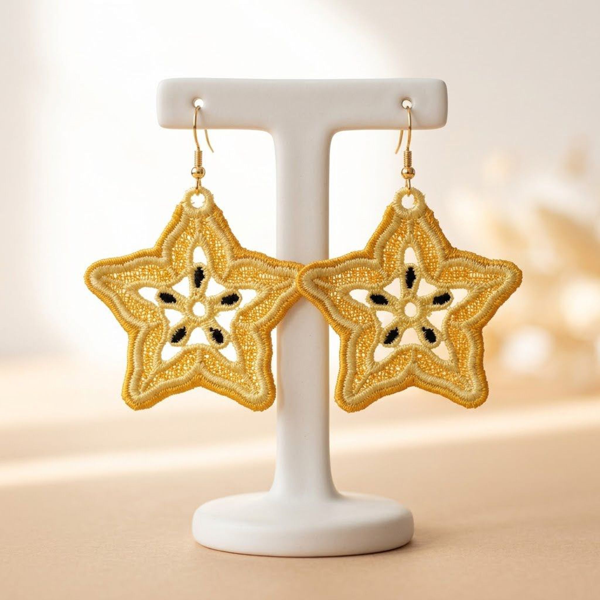 Carambola star fruit FSL earrings — Free Standing Lace machine embroidery design