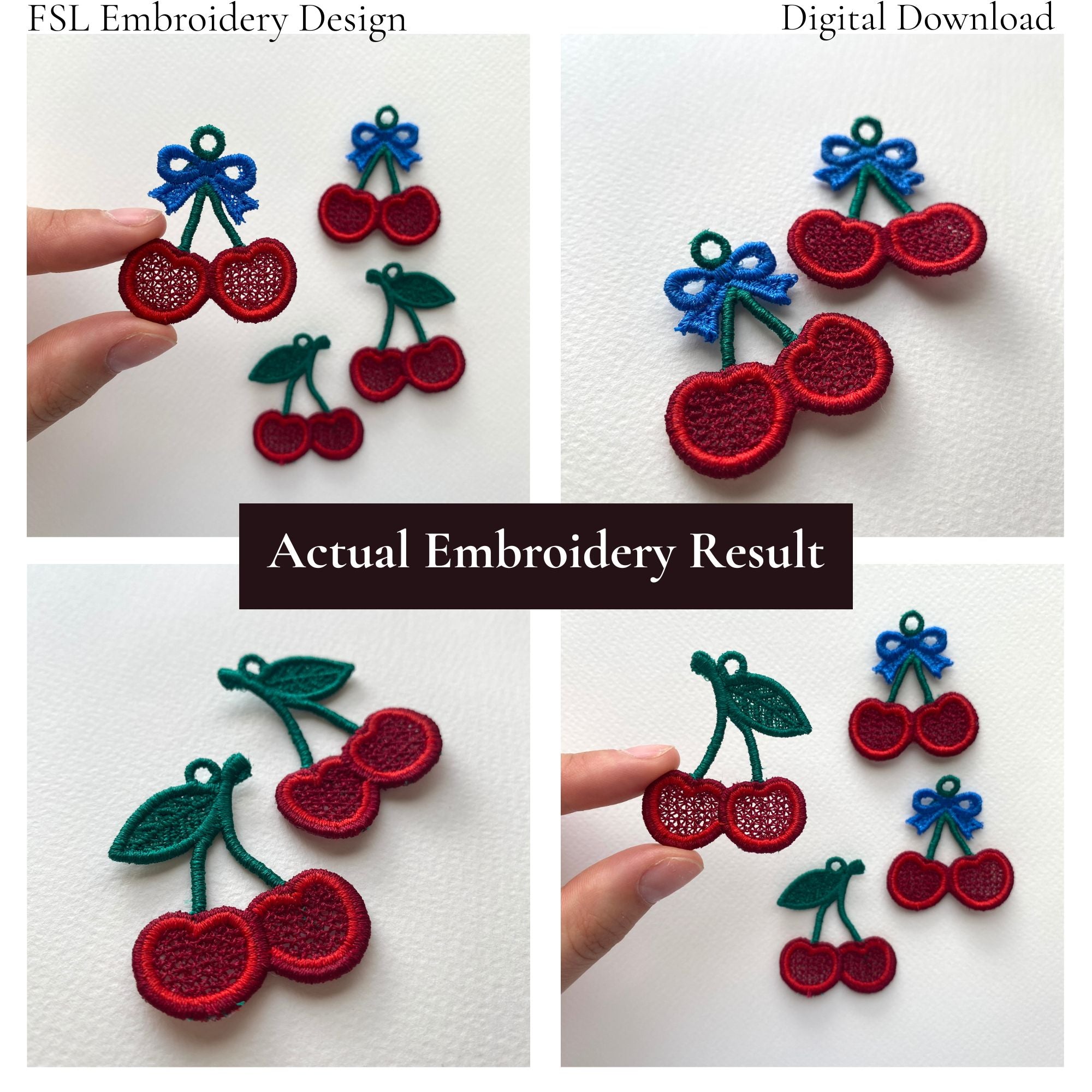 Collage of actual Cherry FSL embroidery results with green leaf and blue bow variations