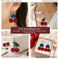 Cherry FSL design shown as an earring, necklace pendant, zipper charm and matching earring pair
