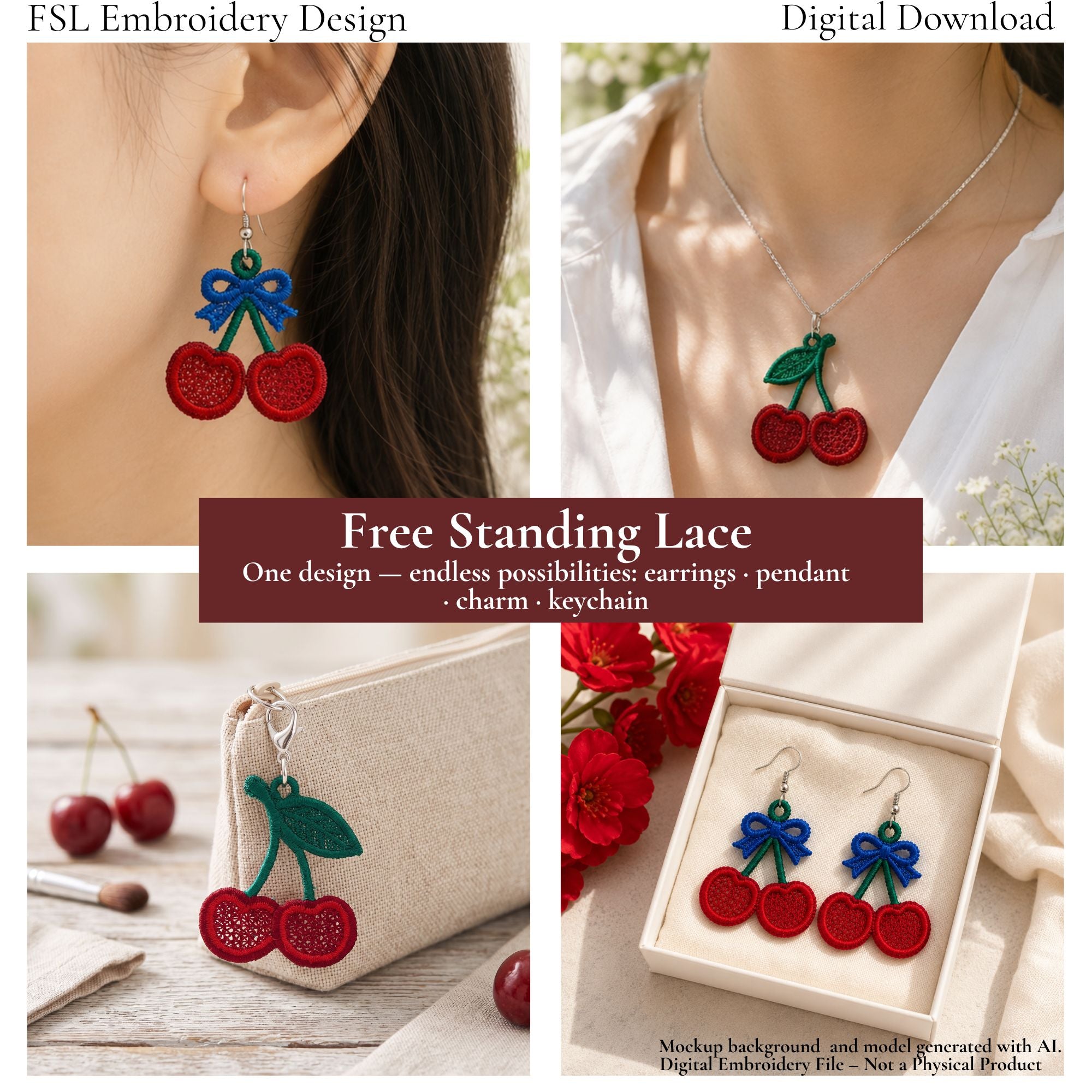 Cherry FSL design shown as an earring, necklace pendant, zipper charm and matching earring pair