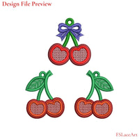 Machine embroidery file preview of Cherry FSL designs with blue bow and mirrored green leaf variations