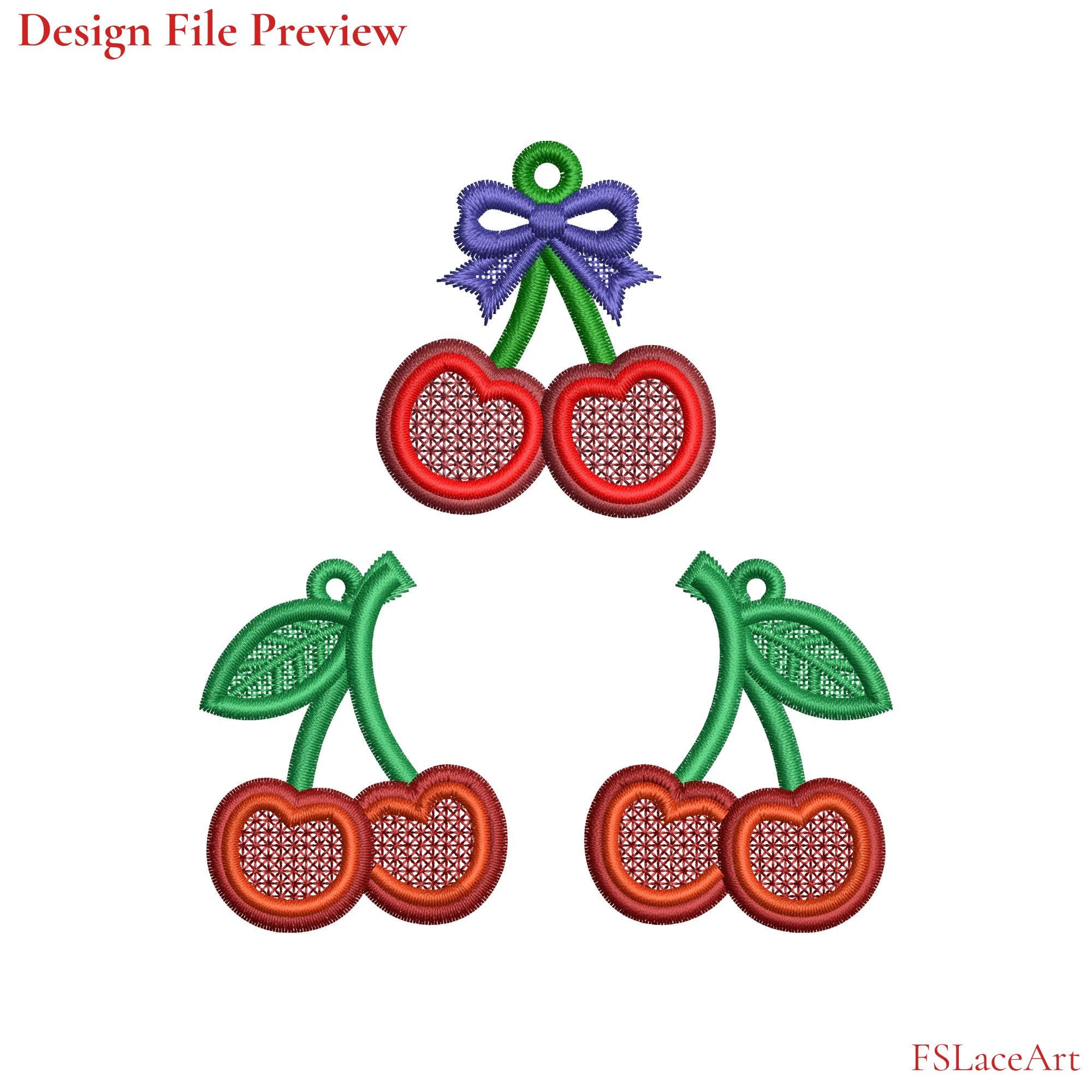 Machine embroidery file preview of Cherry FSL designs with blue bow and mirrored green leaf variations