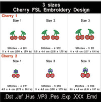 Cherry FSL embroidery size chart with dimensions and stitch counts for three sizes of each design