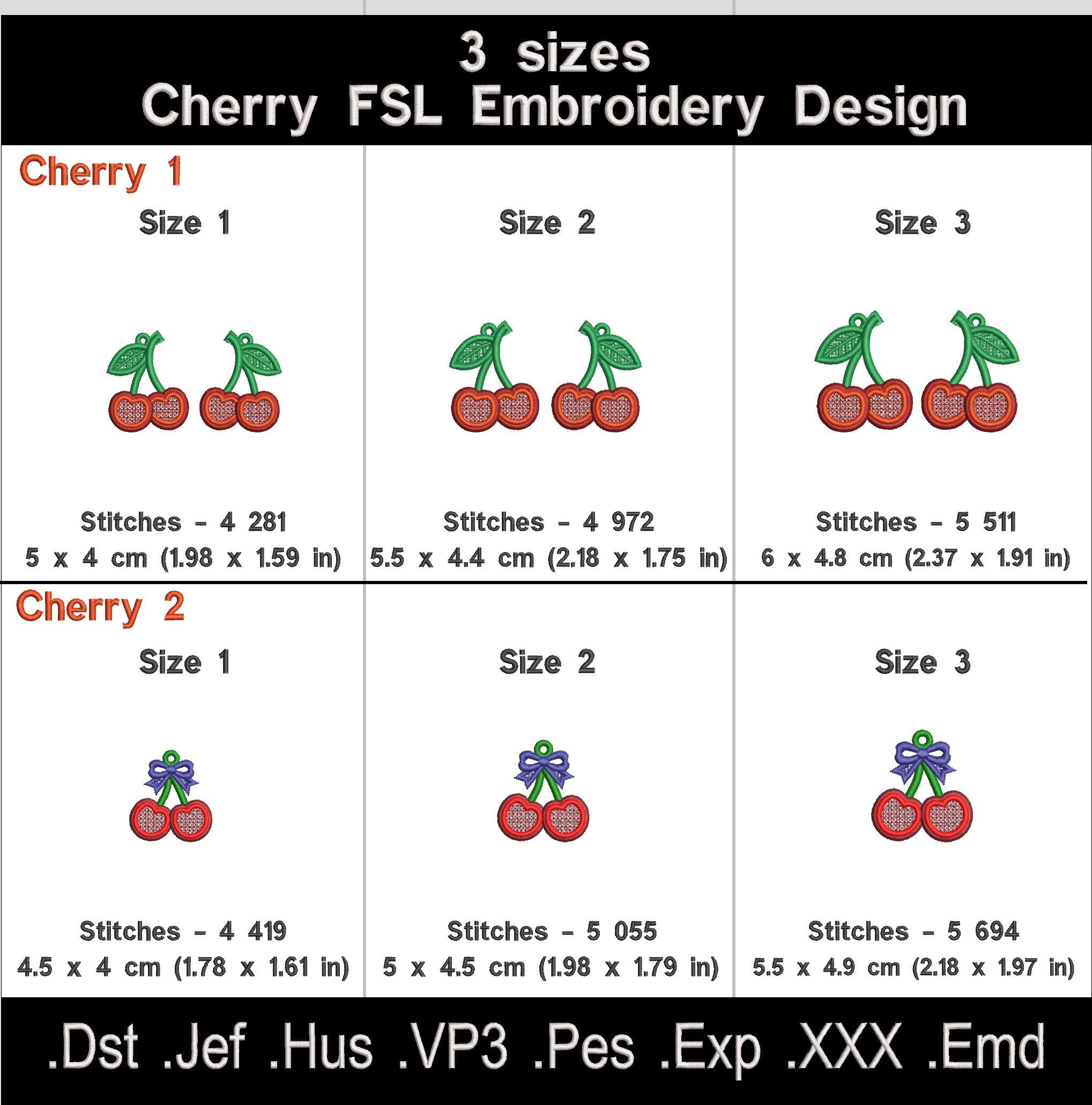 Cherry FSL embroidery size chart with dimensions and stitch counts for three sizes of each design