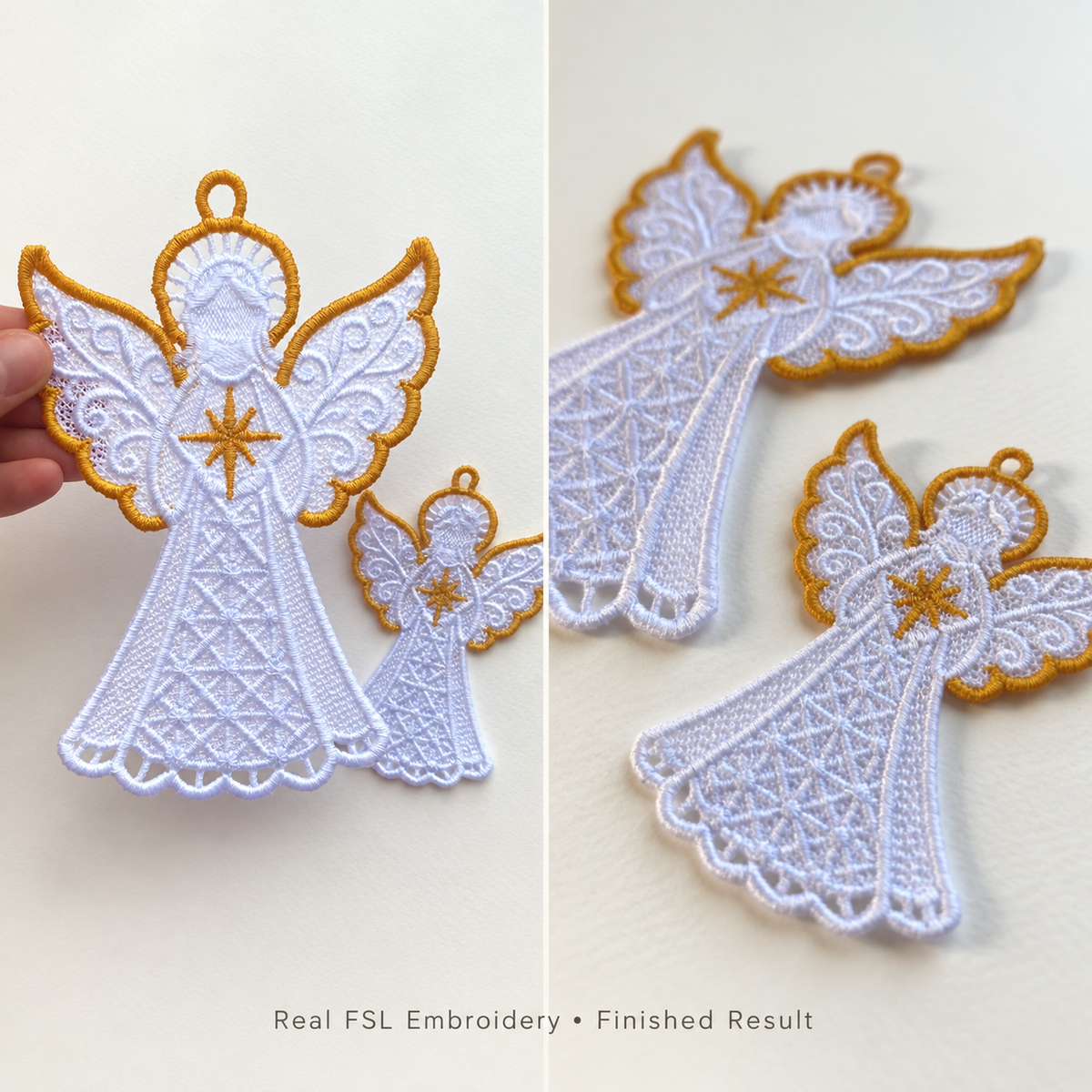 Real embroidery photos of white and gold lace angels, including a handheld view and close-ups of the decorative wings and gowns.
