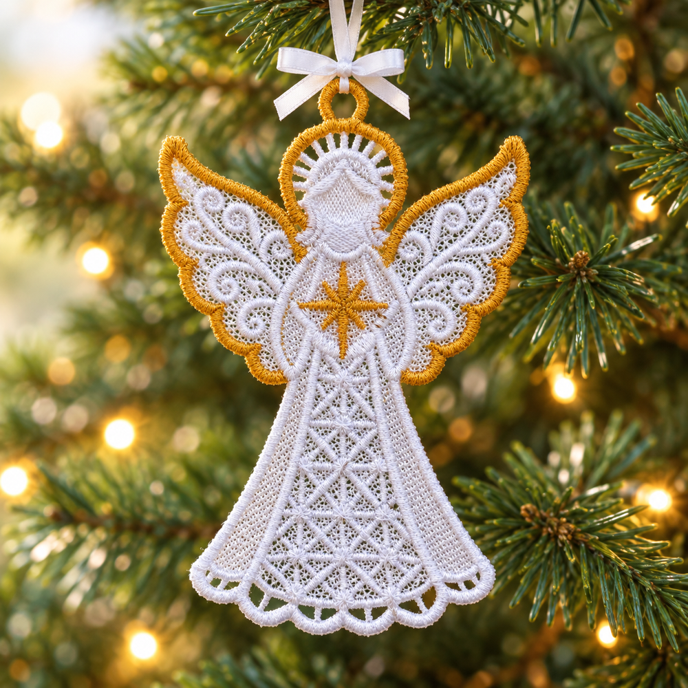 White and gold freestanding lace angel ornament with decorative wings and a star, hanging on a Christmas tree with a white satin bow.