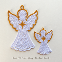 Two finished lace angel ornaments in different sizes on a cream background, with white gowns, gold wing borders, halos and stars.