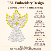 Christmas angel FSL embroidery information showing two thread colors, four sizes, stitch counts and eight embroidery file formats.