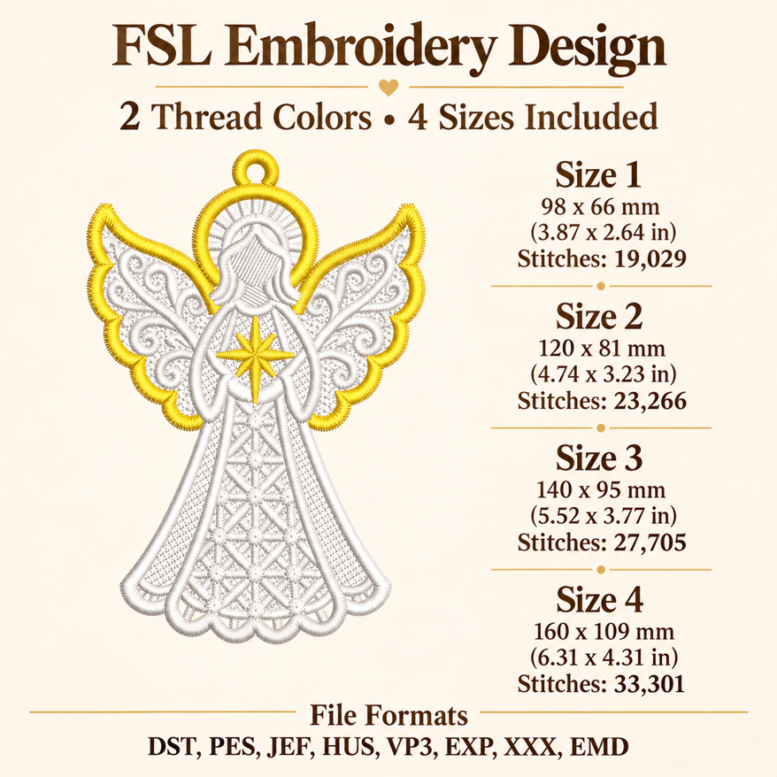 Christmas angel FSL embroidery information showing two thread colors, four sizes, stitch counts and eight embroidery file formats.