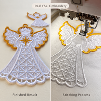 Side-by-side photos showing a finished lace angel ornament and the angel design being stitched on water-soluble stabilizer.