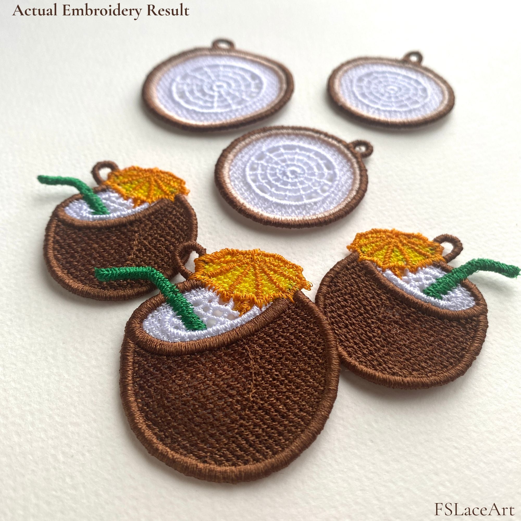 Actual stitched result of Coconut FSL embroidery design