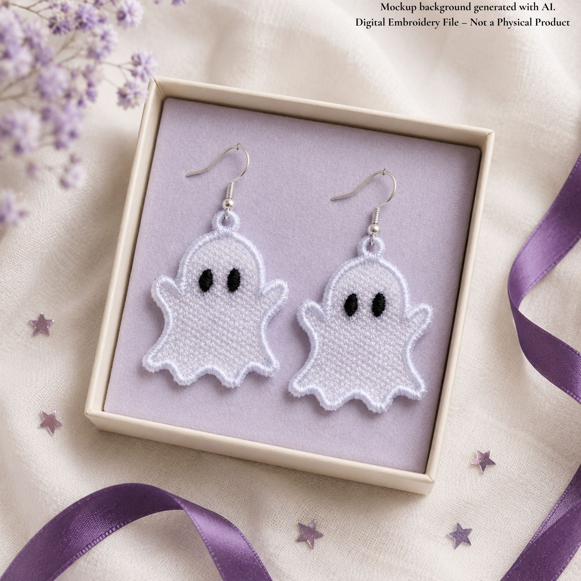 Pair of white Ghost FSL earrings with silver hooks displayed inside a lavender jewelry box
