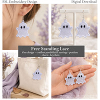 Cute Ghost FSL design shown as earrings, a pendant, tote bag charm and keychain