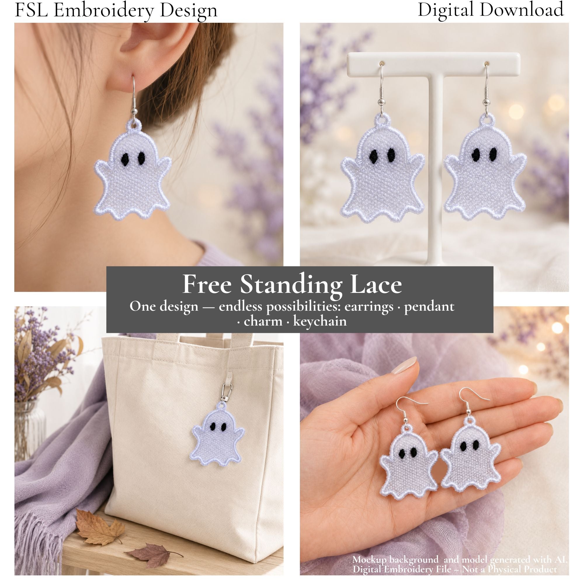 Cute Ghost FSL design shown as earrings, a pendant, tote bag charm and keychain