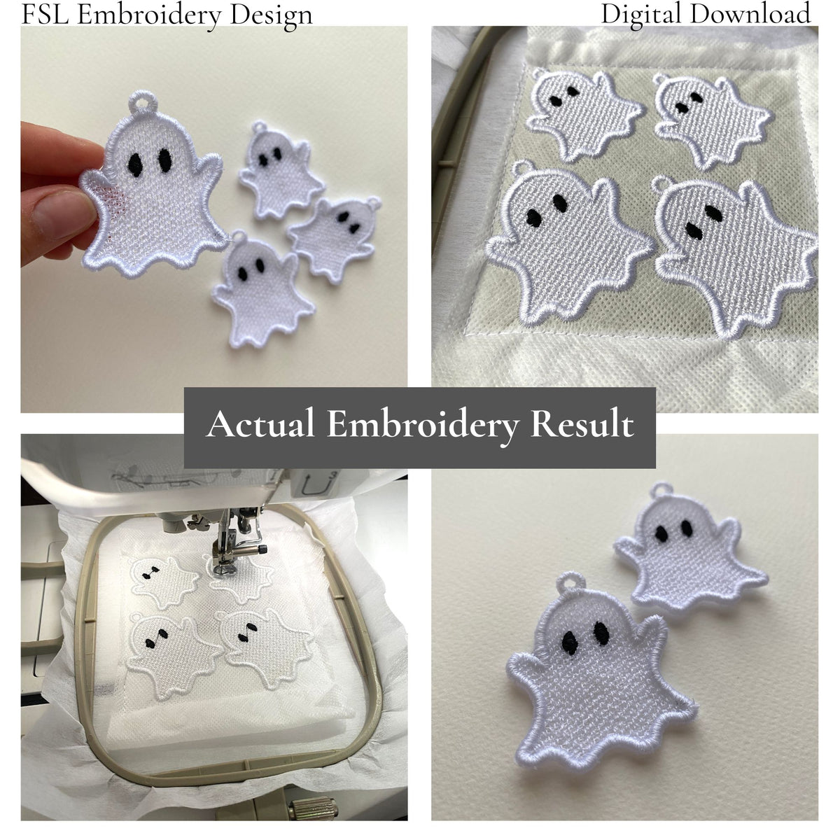 Collage showing the Cute Ghost FSL stitching process and finished white lace embroidery pieces