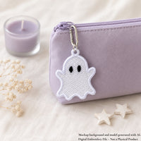 White ghost FSL keychain attached to the zipper of a lavender cosmetic pouch